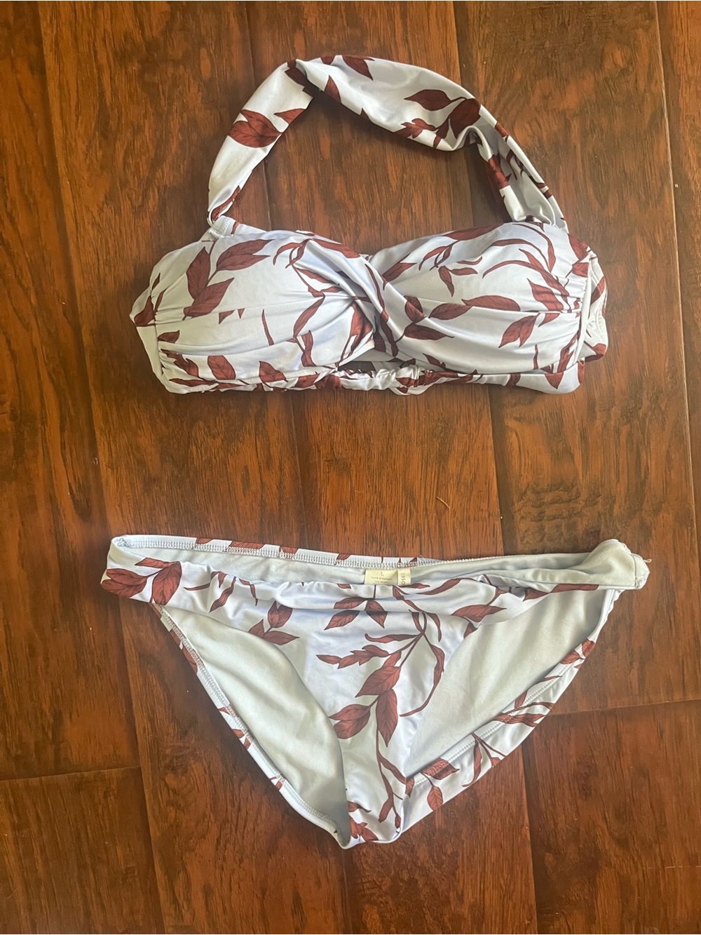 White Bandeau Bikini Set with Brown Leaf Print